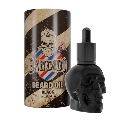 BANDIDO Beard Oil 40 ml - Bart öl im Totenkopf Design für Männer - Barbershop Bartpflegeöl mit Pipettenständer | Serum für 3-Tage-Bart oder Vollbart | Styling Bart öl Geschenke für Männer - Schwarz von BANDIDO