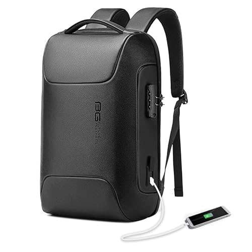 BANGE Anti-Diebstahl-Rucksack mit USB-Ladeanschluss, leichter Business-Rucksack für Damen und Herren, Schwarz (Leder), Medium, Laptop von BANGE