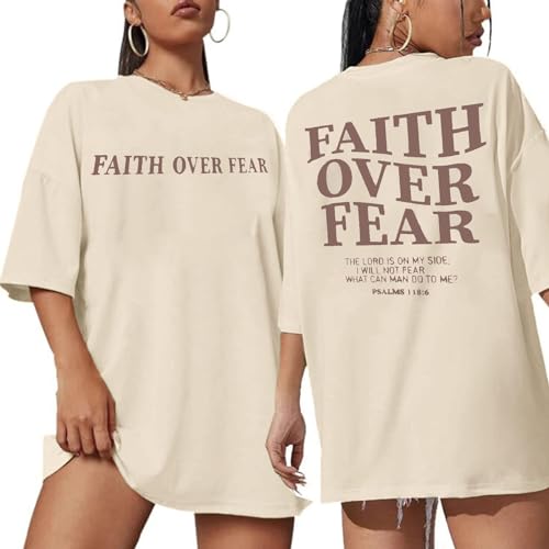 BANGELY Faith Over Fear T-Shirt für Damen, übergroß, christliche religiöse Sprüche, schulterfreies T-Shirt, Ecru, Klein von BANGELY