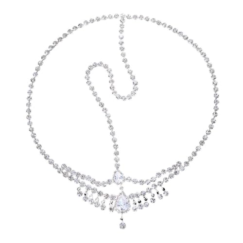 Kopfkette,Kopfschmuck,Kopfkette Gold Braut Tiara Kristall Zirkon Tropfen Haar Kette Frauen Stirn Hochzeit Kopfschmuck Strass Kopf Kette(SILVER PLATED) von BANGHA