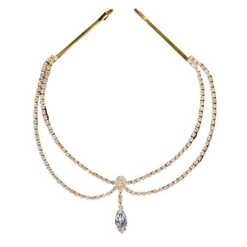 Kopfkette,Kopfschmuck,Kopfkette Gold Doppelschichtiger Wassertropfen-Anhänger Kopfkette Schmuck Hochzeit Strass Kopfschmuck Ornament Schmuck Kostüm(Gold Hair Chain) von BANGHA