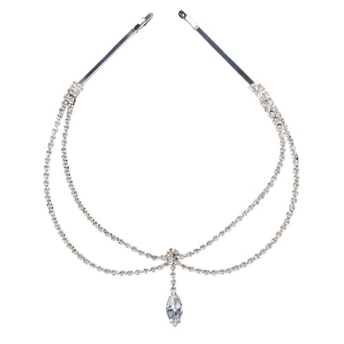 BANGHA Kopfkette,Kopfschmuck,Kopfkette Gold Doppelschichtiger Wassertropfen-Anhänger Kopfkette Schmuck Hochzeit Strass Kopfschmuck Ornament Schmuck Kostüm(Silver Hair Chain) von BANGHA