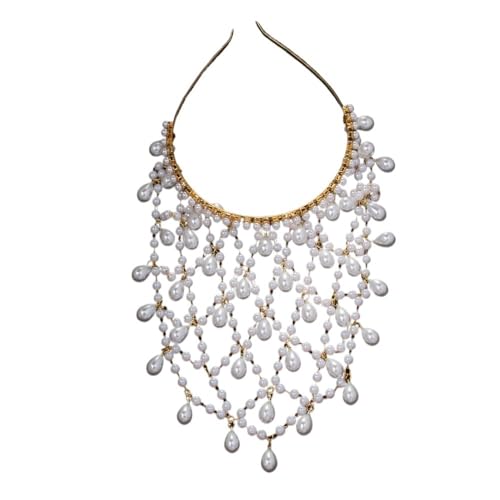 Kopfkette,Kopfschmuck,Kopfkette Gold Gitter Perle Stirnband Kette Hut Schmuck for Frauen Mode Braut Tiara Kopfbedeckungen Karneval Zubehör Geschenk(Gold-color) von BANGHA
