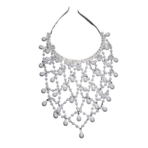 Kopfkette,Kopfschmuck,Kopfkette Gold Gitter Perle Stirnband Kette Hut Schmuck for Frauen Mode Braut Tiara Kopfbedeckungen Karneval Zubehör Geschenk(SILVER PLATED) von BANGHA