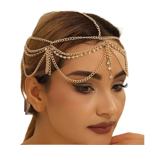 BANGHA Kopfkette,Kopfschmuck,Kopfkette Gold Hochzeit Braut Kopfschmuck Trendy Golded Strass Kette Quaste Kopf Kette Haar Schmuck for Frauen Party Zubehör von BANGHA