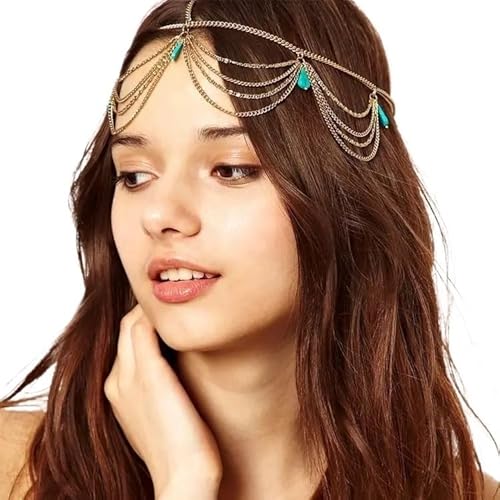 Kopfkette,Kopfschmuck,Kopfkette Gold Mode Braut Hochzeit Haar Schmuck Zubehör for Frauen Indische Boho Imitation Perlen Kopf Kette Kopfstück(FD001) von BANGHA