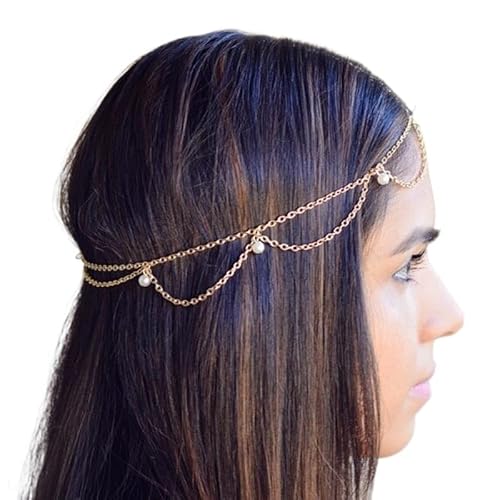 Kopfkette,Kopfschmuck,Kopfkette Gold Mode Braut Hochzeit Haar Schmuck Zubehör for Frauen Indische Boho Imitation Perlen Kopf Kette Kopfstück(FD028) von BANGHA