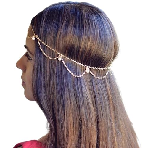 Kopfkette,Kopfschmuck,Kopfkette Gold Mode Braut Hochzeit Haar Schmuck Zubehör for Frauen Indische Boho Imitation Perlen Kopf Kette Kopfstück(FD036) von BANGHA
