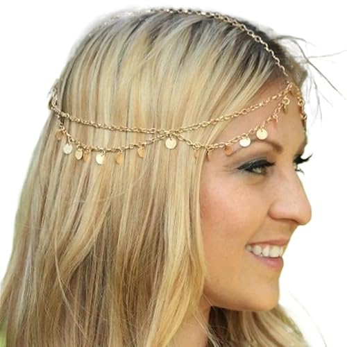 Kopfkette,Kopfschmuck,Kopfkette Gold Mode Braut Hochzeit Haar Schmuck Zubehör for Frauen Indische Boho Imitation Perlen Kopf Kette Kopfstück(FD037) von BANGHA