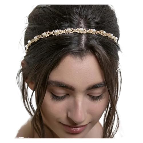 Kopfkette,Kopfschmuck,Kopfkette Gold Mode Frauen Elastische Strass Stirnband Frauen Hochzeit Braut Haar Kette Perle Kristall Haar Band Kopf Kette Zubehör(SILVER PLATED) von BANGHA