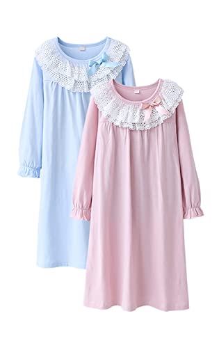 BANGSAUR Mädchen Prinzessin Nachthemd, Weihnachten Baumwolle Spitze Nachtwäsche Nachthemd 2er Pack Pyjamas Sleeper Gown 3–15 Jahre (Azurblau+Korallenrot,Lange Ärmel,10-12 Jahre) von BANGSAUR