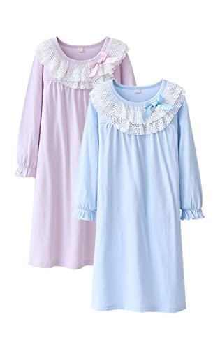 BANGSAUR Mädchen Prinzessin Nachthemd, Weihnachten Baumwolle Spitze Nachtwäsche Nachthemd 2er Pack Pyjamas Sleeper Gown 3–15 Jahre (Pinke Frau+Azurblau,Lange Ärmel,10-12 Jahre) von BANGSAUR