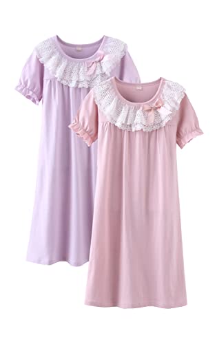 BANGSAUR Mädchen Prinzessin Nachthemd, Weihnachten Baumwolle Spitze Nachtwäsche Nachthemd 2er Pack Pyjamas Sleeper Gown 3–15 Jahre (Pinke Frau+Korallenrot,Kurzärmelig,10-12 Jahre) von BANGSAUR