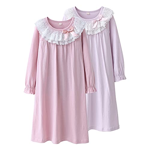 BANGSAUR Mädchen Prinzessin Nachthemd, Weihnachten Baumwolle Spitze Nachtwäsche Nachthemd 2er Pack Pyjamas Sleeper Gown 3–15 Jahre (Pinke Frau+Korallenrot,Lange Ärmel,3-4 Jahre) von BANGSAUR