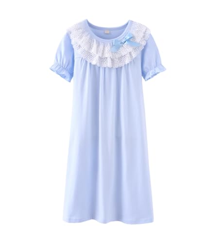Mädchen Prinzessin Nachthemd, Weihnachten Baumwolle Spitze Nachtwäsche Nachthemd Pyjamas Sleeper Gown 3–15 Jahre (Azurblau,Kurzärmelig,13-15 Jahre) von BANGSAUR