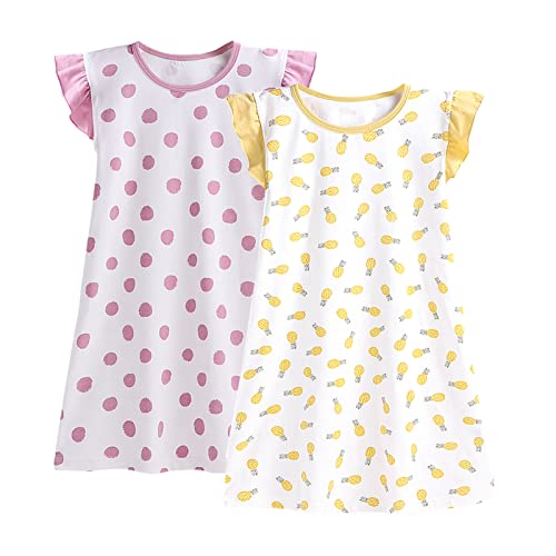 BANGSAUR Nachthemden Mädche, Schlafhemden aus Baumwolle, für Mädchen von 3–10 Jahren (Lila Punkt+gelbe Ananas,6-7 Jahre) von BANGSAUR