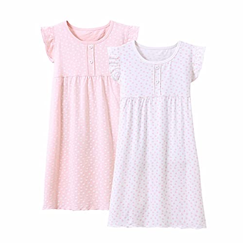 BANGSAUR Nachthemden für Mädchen, Baumwoll-Prinzessin-Nachtwäsche mit Herz-Print, Nachthemd 2er-Pack 3-12 Jahre (Flatter-Ärmel, 6-7 Jahre) von BANGSAUR