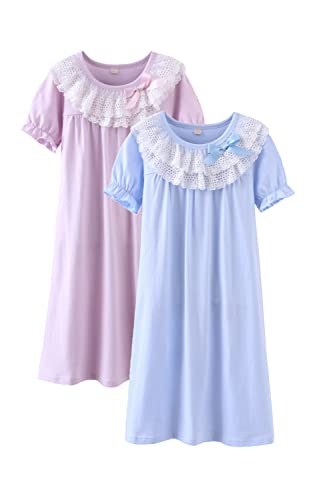 BANGSAUR Prinzessin Nachthemd, Baumwolle Spitze Nachtwäsche Nachthemd 2er Pack Pyjamas Sleeper Gown (Pinke Frau+Azurblau,Kurzärmelig,3-4 Jahre) von BANGSAUR