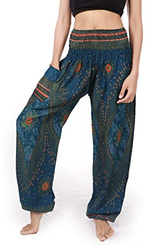 Banjamath® Damen Gesmokte Taille Harem Hippie Boho Yoga Palazzo Freizeithose, Pfauenblau, Klein von BANJAMATH