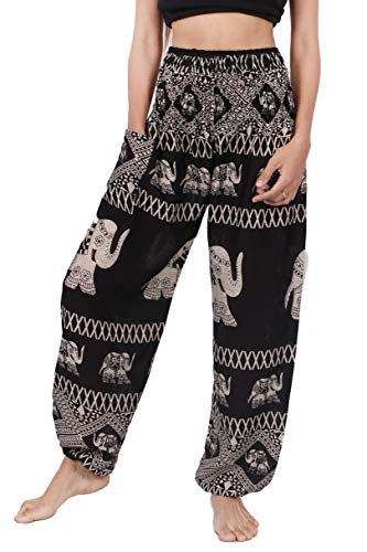 Banjamath Damen-Haremshose mit gesmokter Taille, Hippie, Boho, Yoga, Palazzo, Freizeithose - Schwarz - Klein von BANJAMATH