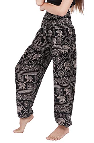 Banjamath Damen-Haremshose mit gesmokter Taille, Hippie, Boho, Yoga, Palazzo, Freizeithose - Schwarz - Mittel von BANJAMATH