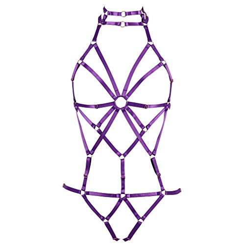 BANSSGOTH Damen Body Harness BH Strumpfband gürtel Dessous käfig Set Brustgurt Punk Gothic körpergeschirr Einstellbar Festival Rave (Purple) von BANSSGOTH