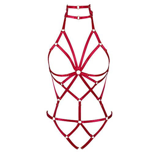 BANSSGOTH Damen Body Harness BH Strumpfband gürtel Dessous käfig Set Brustgurt Punk Gothic körpergeschirr Einstellbar Festival Rave (Weinrot) von BANSSGOTH