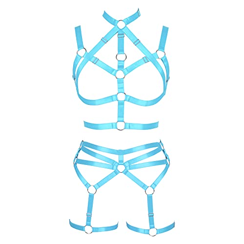 BANSSGOTH Damen Body Harness Größenverstellbar Punk Gothic BH Vollkäfig Strumpfgürtel Aushöhlen Gürtel Set Halloween Festival Rave (Himmelblau) von BANSSGOTH