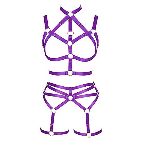 BANSSGOTH Damen Body Harness Größenverstellbar Punk Gothic BH Vollkäfig Strumpfgürtel Aushöhlen Gürtel Set Halloween Festival Rave (Lila) von BANSSGOTH