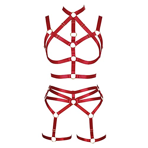 BANSSGOTH Damen Body Harness Größenverstellbar Punk Gothic BH Vollkäfig Strumpfgürtel Aushöhlen Gürtel Set Halloween Festival Rave (Weinrot) von BANSSGOTH