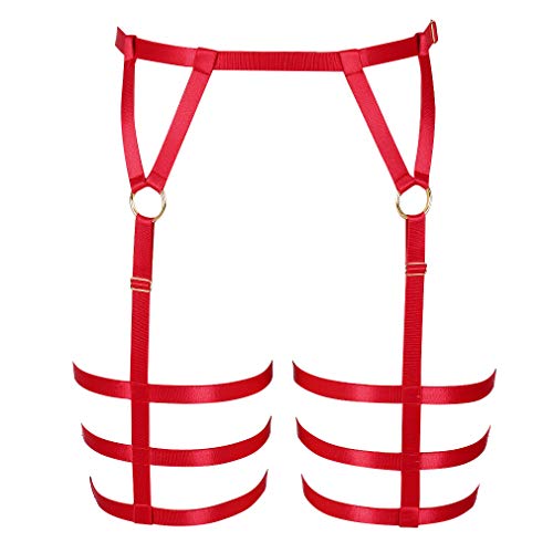 BANSSGOTH Damen Body Harness Strumpfgürtel Full Cage Beinriemen Punk Gothic Plus Size Stretchy Fabric Festival Rave (rot) von BANSSGOTH