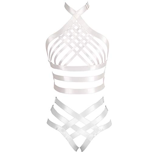 BANSSGOTH Damen Ganzkörpergeschirr BH Dessous Käfig Brustgurt Set Punk Gothic Stretch Stoff Festival Karneval (Weiß) von BANSSGOTH