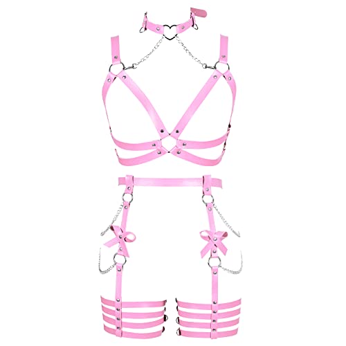 BANSSGOTH Damen Harness Leder Body Chain Bowknot Dessous Strumpfgürtel Set Aushöhlen Weihnachten Tanz Mode Kleidung (Rosa) von BANSSGOTH