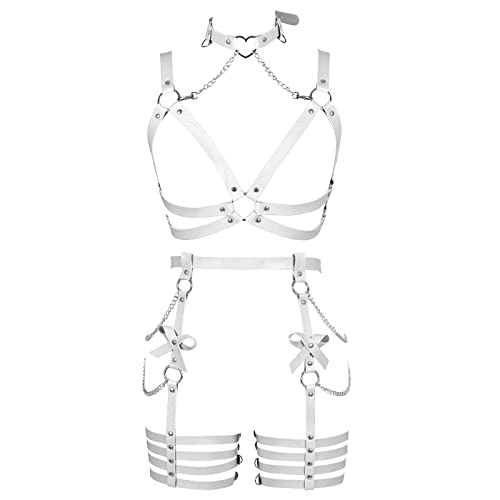BANSSGOTH Damen Harness Leder Body Chain Bowknot Dessous Strumpfgürtel Set Aushöhlen Weihnachten Tanz Mode Kleidung (Weiß) von BANSSGOTH