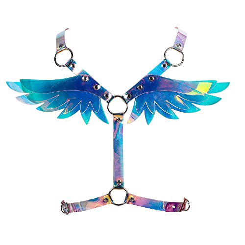 BANSSGOTH Damen Leder Engelsflügel Tops Body BH Harness Aushöhlen Punk Gothic Größenverstellbar Dessous Festival Rave (Laser bunt) von BANSSGOTH