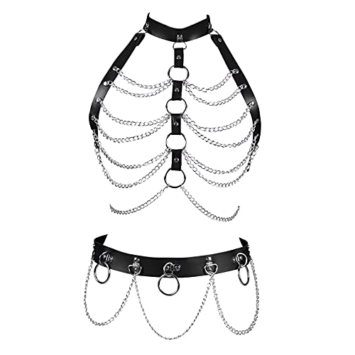 BANSSGOTH Damen Leder Harness Body Strumpfgürtel Größenverstellbar Hosenträger Bein Taillenriemen Punk Gothic Aushöhlen Dessous Set (Schwarz) von BANSSGOTH