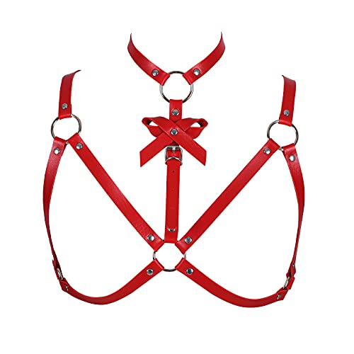 BANSSGOTH Damen Leder Punk Gothic BH Body Harness BHS Schleife zum Aushöhlen Gürtel Tops Halloween Rave Kleidung (rot) von BANSSGOTH