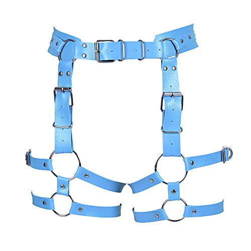 BANSSGOTH Damen PU Leder Bein Strumpfband Harness Körperkäfig Hohe Taille Aushöhlen Plus Größe Gothic Punk Dance Rave Wear (Himmelblau) von BANSSGOTH