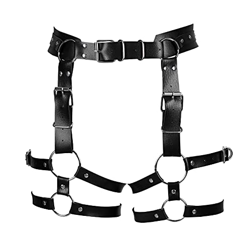 BANSSGOTH Damen PU Leder Bein Strumpfband Harness Körperkäfig Hohe Taille Aushöhlen Plus Größe Gothic Punk Dance Rave Wear (Schwarz) von BANSSGOTH