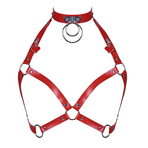 BANSSGOTH Damen PU Leder Harness Body Tops Korsett Dessous Aushöhlen Punk Gothic Größenverstellbar Festival Rave (rot) von BANSSGOTH