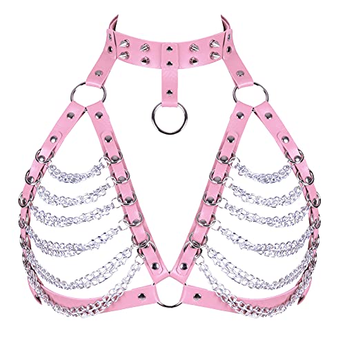 BANSSGOTH Damen PU Leder Tops Body Harness Korsett Punk Aushöhlen BH Größenverstellbar Dessous Gothic Festival Rave (Rosa) von BANSSGOTH