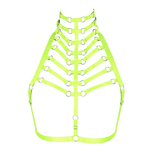 BANSSGOTH Damen Punk Karneval Body Harness BH Openwork Uncovered Neckholder Gürtel Gothic Karneval Tanz Verstellbarer BH (Fluorescent Green A) von BANSSGOTH