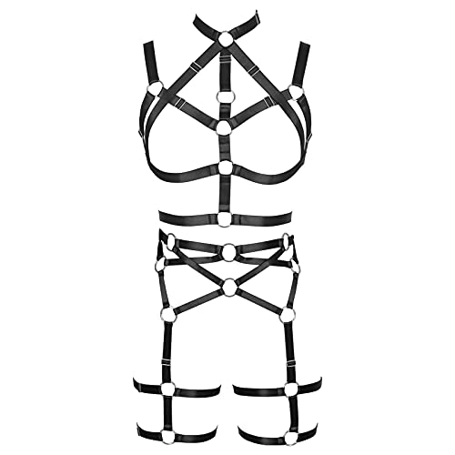 BANSSGOTH Einstellbare Größe Ganzkörper Harness Frauen Dessous BH Aushöhlen Strumpfband Punk Gothic Strumpfgürtel Set Dance Rave Wear (Schwarz) von BANSSGOTH