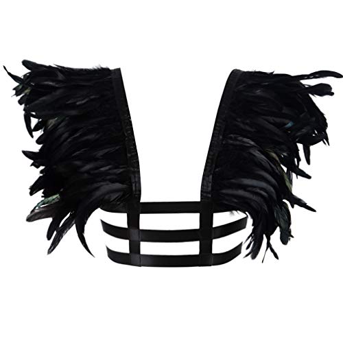 BANSSGOTH Feather Epaulets Damen Body Harness BH Top Punk Gürtel Brustgurt Festival Rave Burning Man Stretchy Stoff Dessous Käfig (Schwarz) von BANSSGOTH