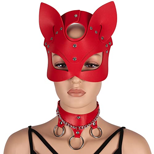 BANSSGOTH Frau Leder Bunny Maske Leder Metallkette Halsband Tier Halbgesichtsmaske Maskerade Maske Party Halloween Kostüm (rot) von BANSSGOTH