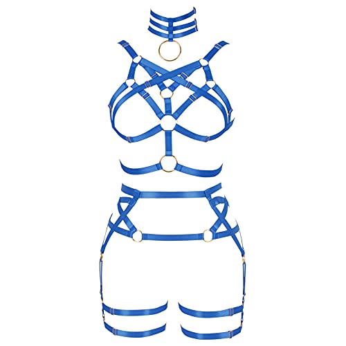 BANSSGOTH Frauen Body Harness Strumpfband Gürtel Verstellbare Größe Hosenträger Bein Taille Riemen Aushöhlen Dessous Set Rave Goth Punk (Königsblau) von BANSSGOTH