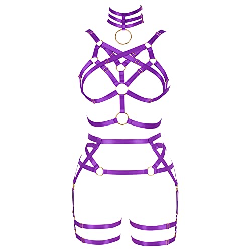 BANSSGOTH Frauen Body Harness Strumpfband Gürtel Verstellbare Größe Hosenträger Bein Taille Riemen Aushöhlen Dessous Set Rave Goth Punk (Lila) von BANSSGOTH