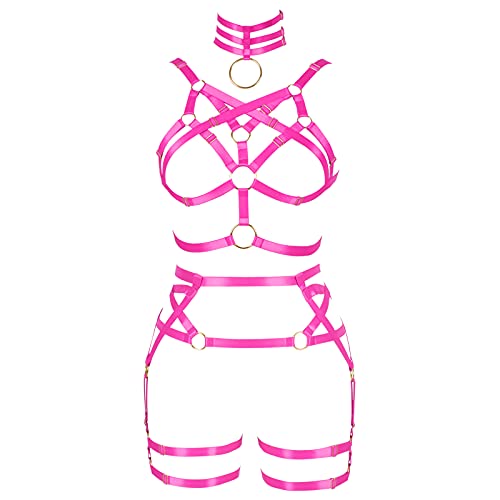 BANSSGOTH Frauen Body Harness Strumpfband Gürtel Verstellbare Größe Hosenträger Bein Taille Riemen Aushöhlen Dessous Set Rave Goth Punk (Rosenrot) von BANSSGOTH