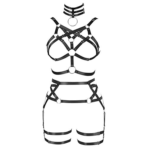 BANSSGOTH Frauen Body Harness Strumpfband Gürtel Verstellbare Größe Hosenträger Bein Taille Riemen Aushöhlen Dessous Set Rave Goth Punk (Schwarz) von BANSSGOTH