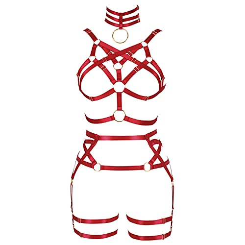 BANSSGOTH Frauen Body Harness Strumpfband Gürtel Verstellbare Größe Hosenträger Bein Taille Riemen Aushöhlen Dessous Set Rave Goth Punk (Weinrot) von BANSSGOTH